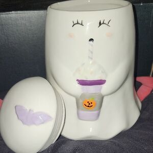 Whimsical Ghost Ceramic Jar with Lid - White and Purple